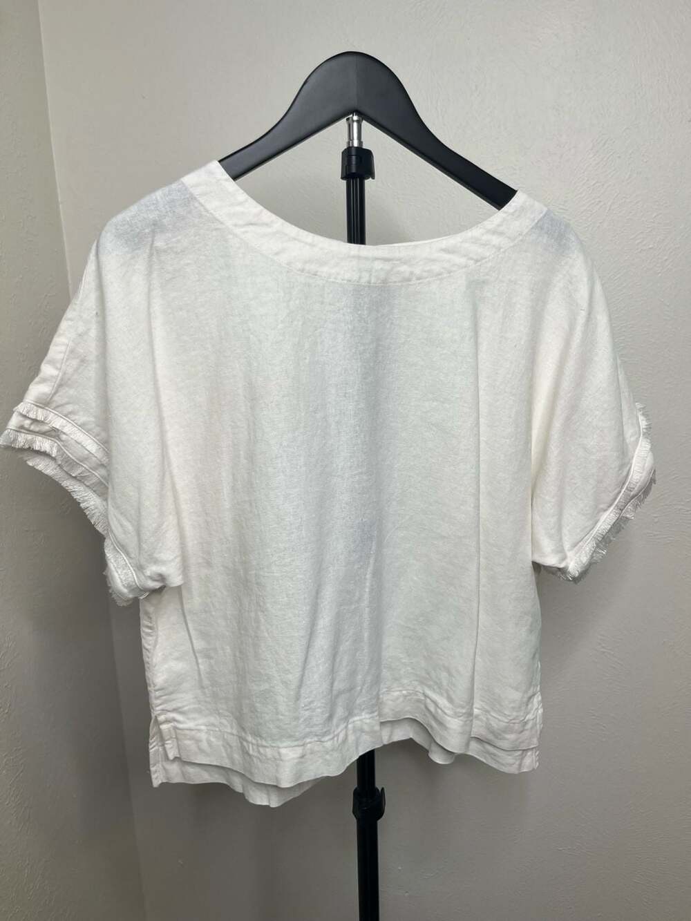 White Linen Boxy Blouse Short Sleeve Fringe Trim Relaxed Coastal Top